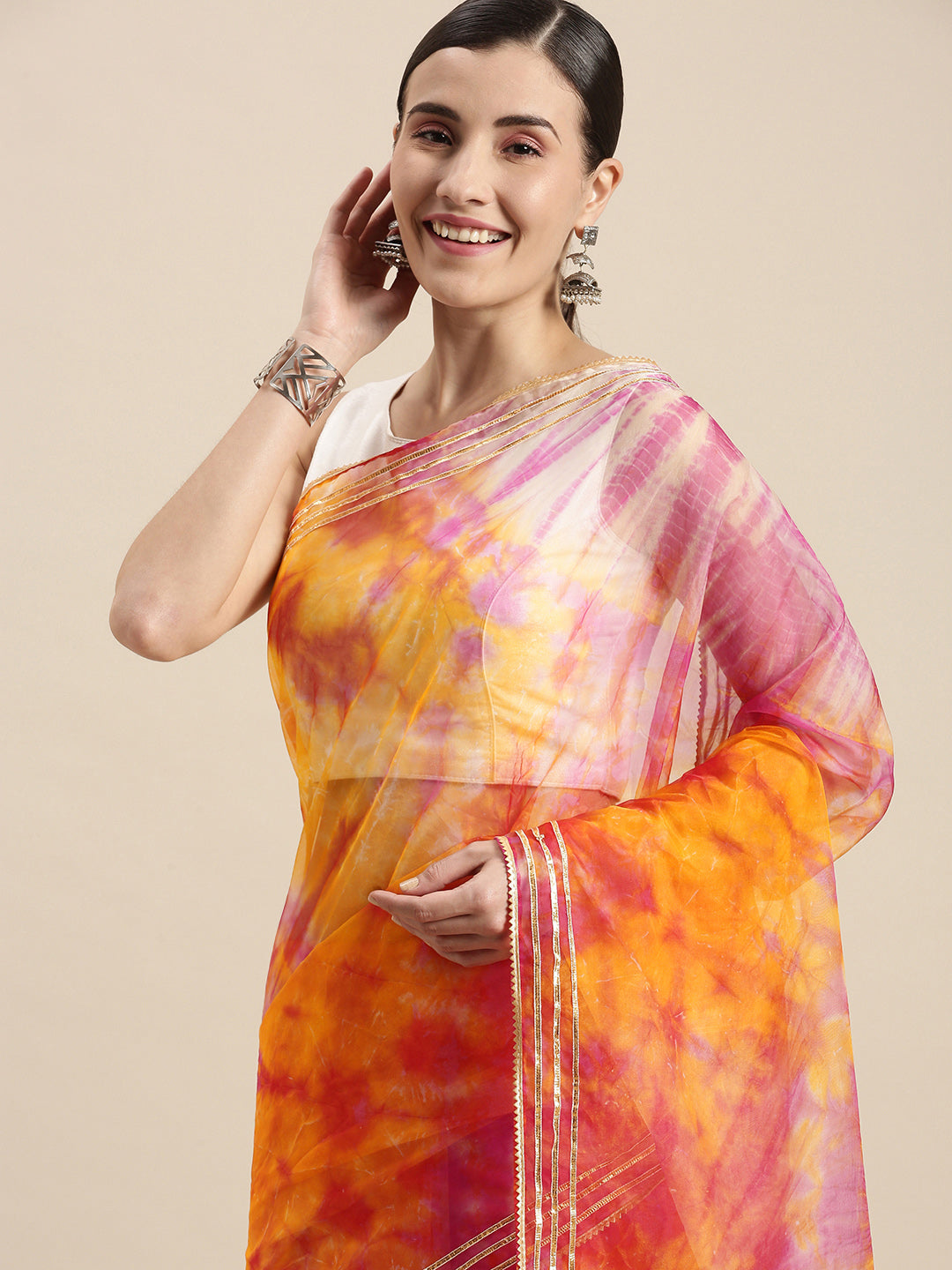 Yellow Shibori Lace Border Organza Saree