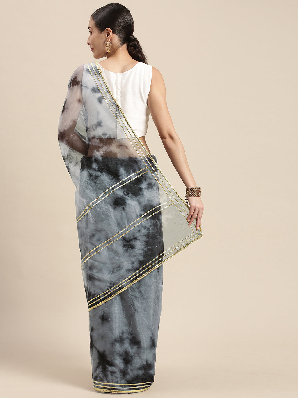 Black & Grey Handcrafted Shibori Organza Saree
