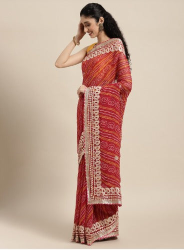 Red Bandhani Gota Patti Work Georgette Saree