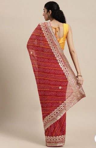 Red Bandhani Gota Patti Work Georgette Saree