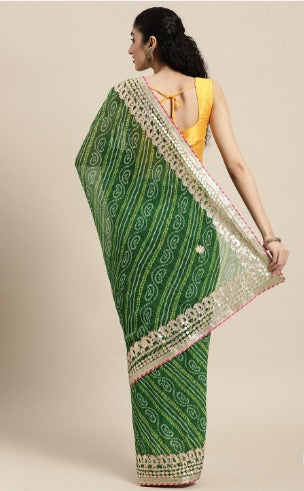 Green Bandhani Printed Gota Patti Work Georgette Saree