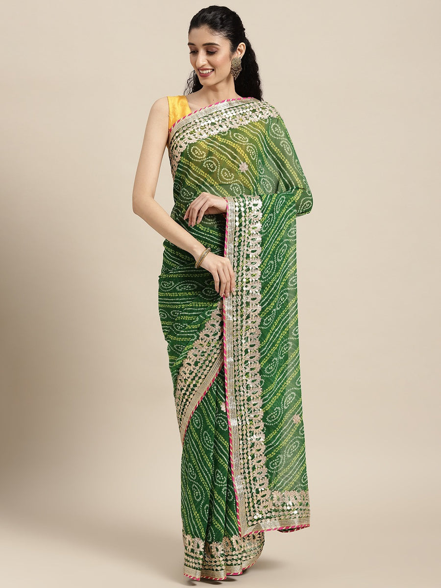 Green Bandhani Printed Gota Patti Work Georgette Saree