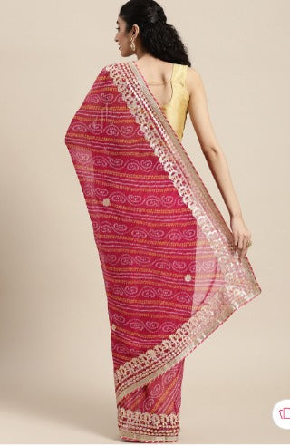 Magenta Pink Bandhani Gota Patti Work Georgette Saree