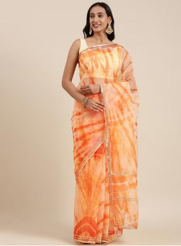 Peach Shibori Print Organza Saree