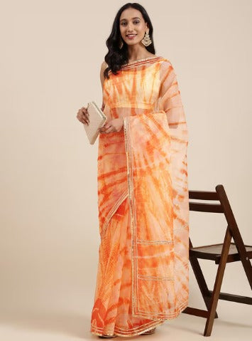 Peach Shibori Print Organza Saree