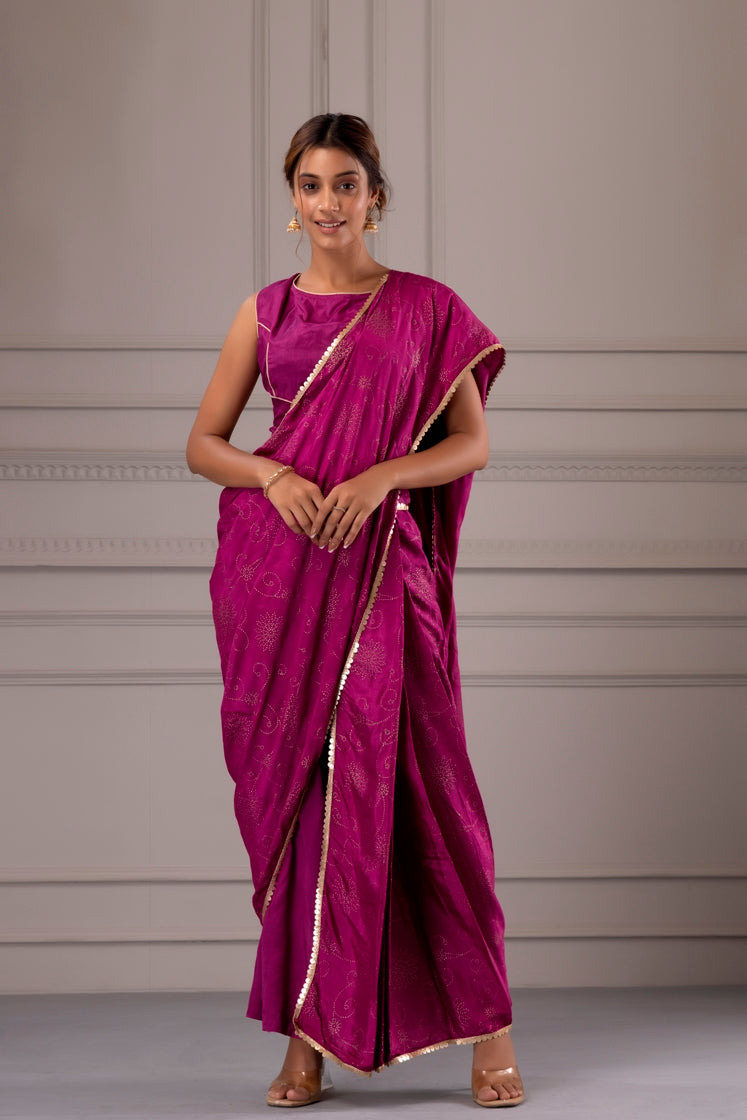 Purple Handcrafted Pre-Draped Saree With Stitched Blouse