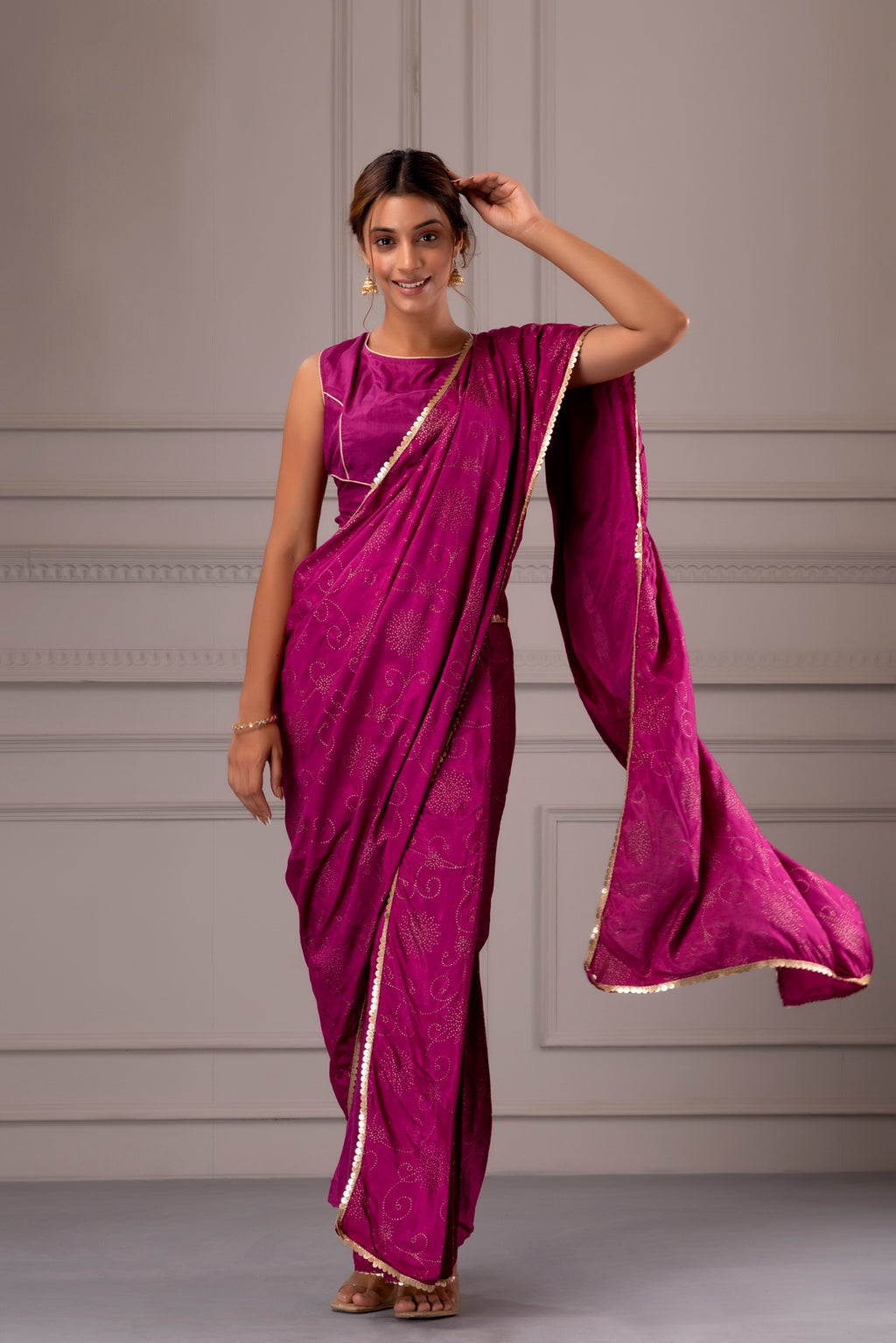 Purple Handcrafted Pre-Draped Saree With Stitched Blouse