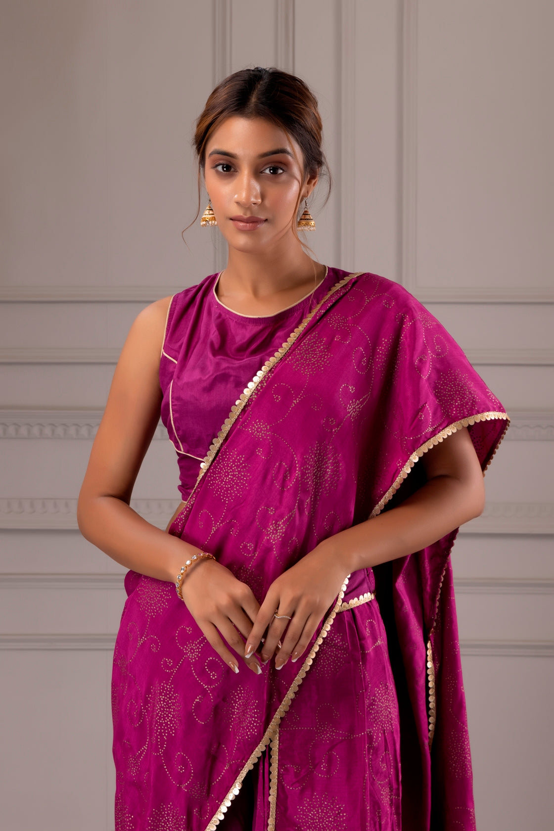 Purple Handcrafted Pre-Draped Saree With Stitched Blouse