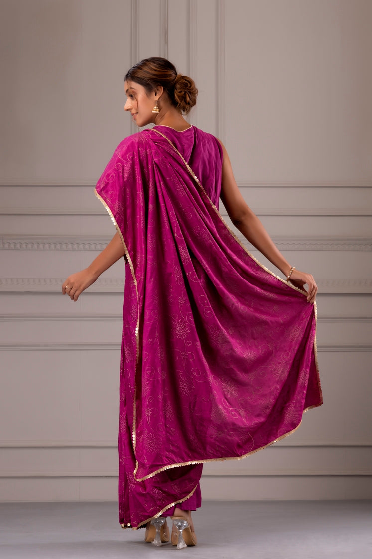 Purple Handcrafted Pre-Draped Saree With Stitched Blouse