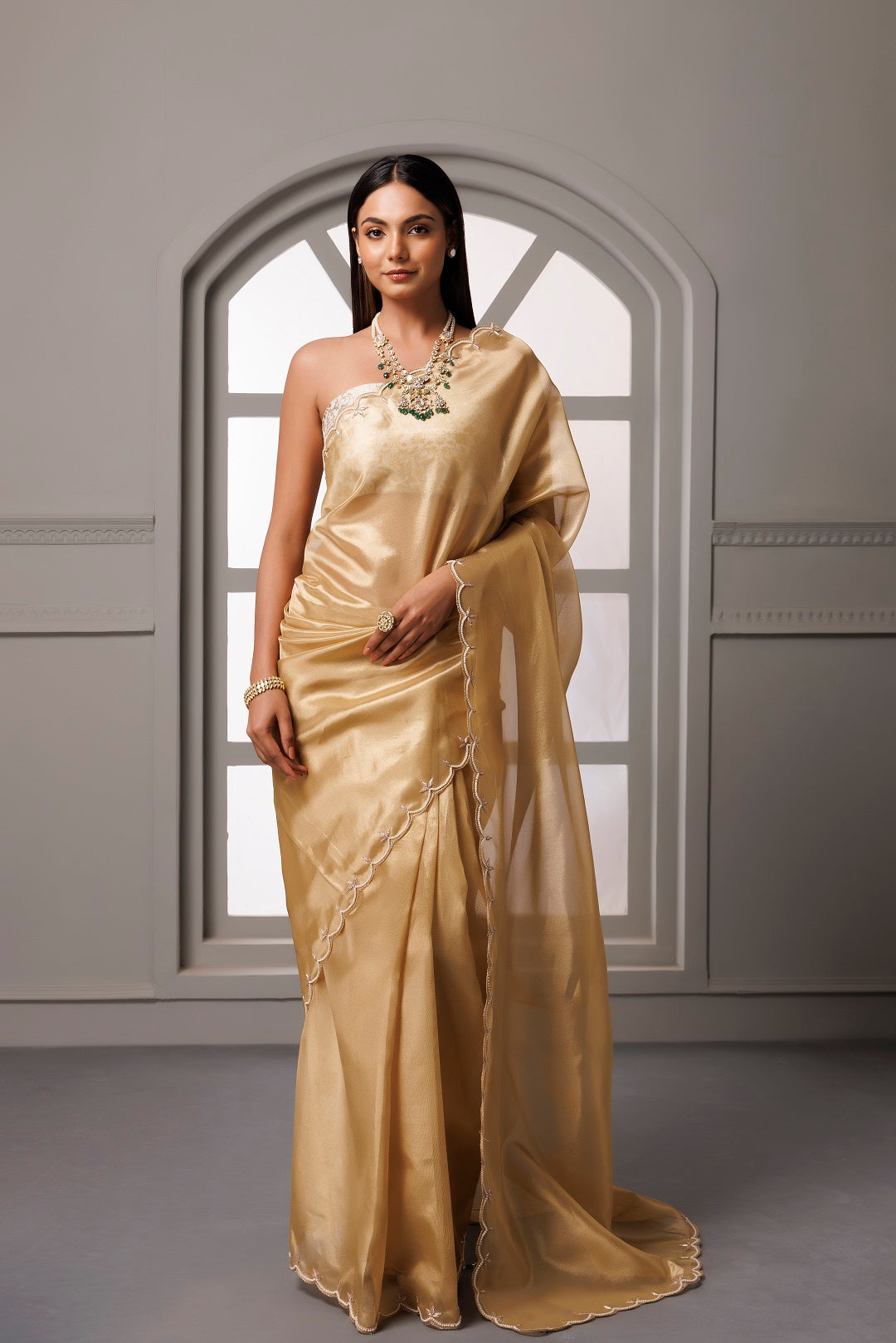 Beige Banarasi Tissue Handcrafted Gota Patti Saree