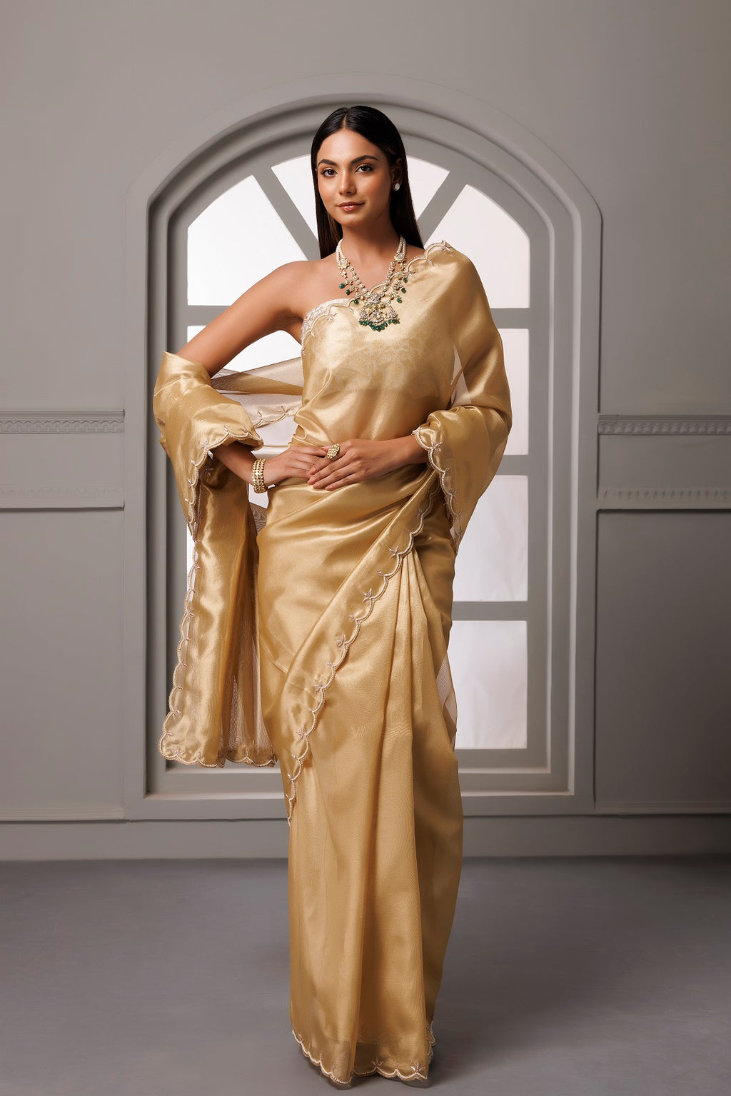 Beige Banarasi Tissue Handcrafted Gota Patti Saree