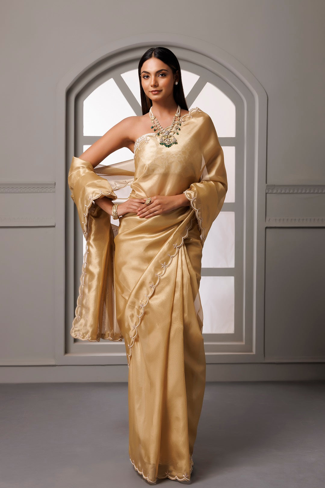 Beige Banarasi Tissue Handcrafted Gota Patti Saree