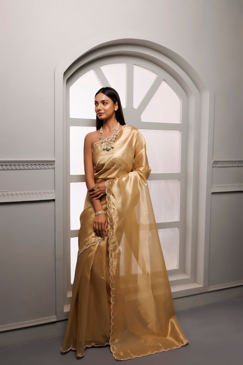 Beige Banarasi Tissue Handcrafted Gota Patti Saree