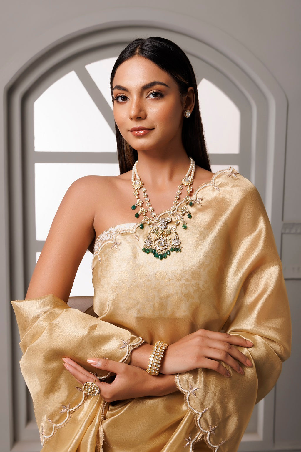 Beige Banarasi Tissue Handcrafted Gota Patti Saree