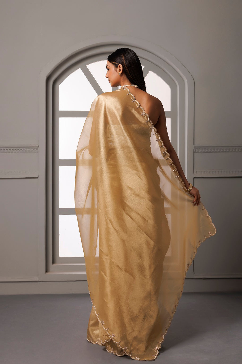 Beige Banarasi Tissue Handcrafted Gota Patti Saree