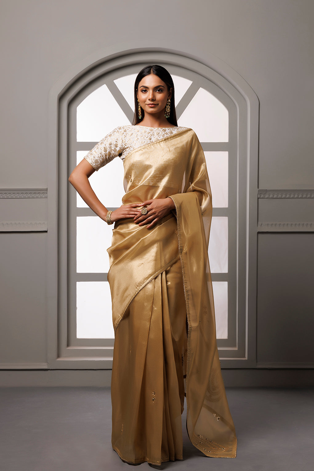 Beige Banarasi Tissue Handcrafted Gota Patti Saree