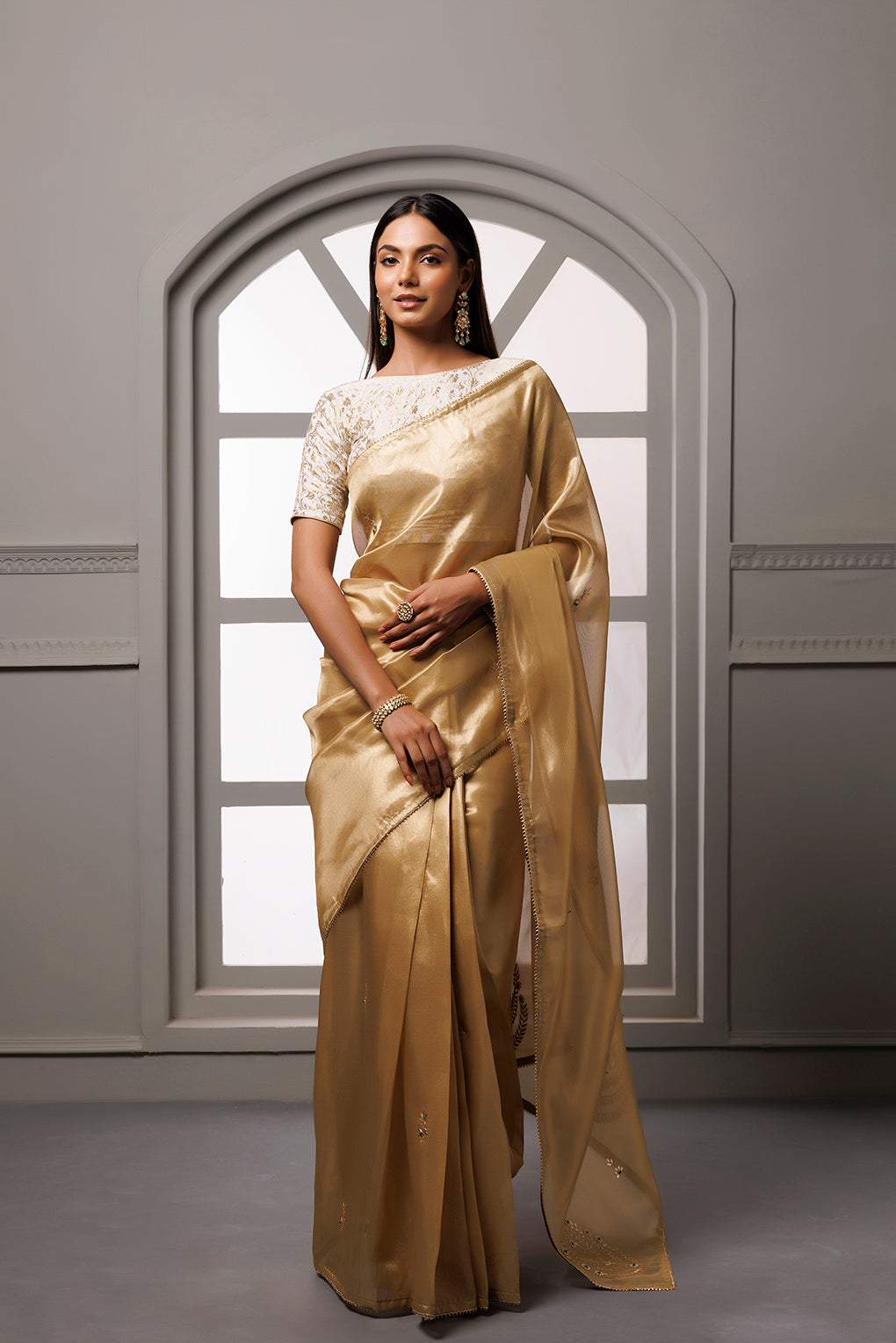Beige Banarasi Tissue Handcrafted Gota Patti Saree