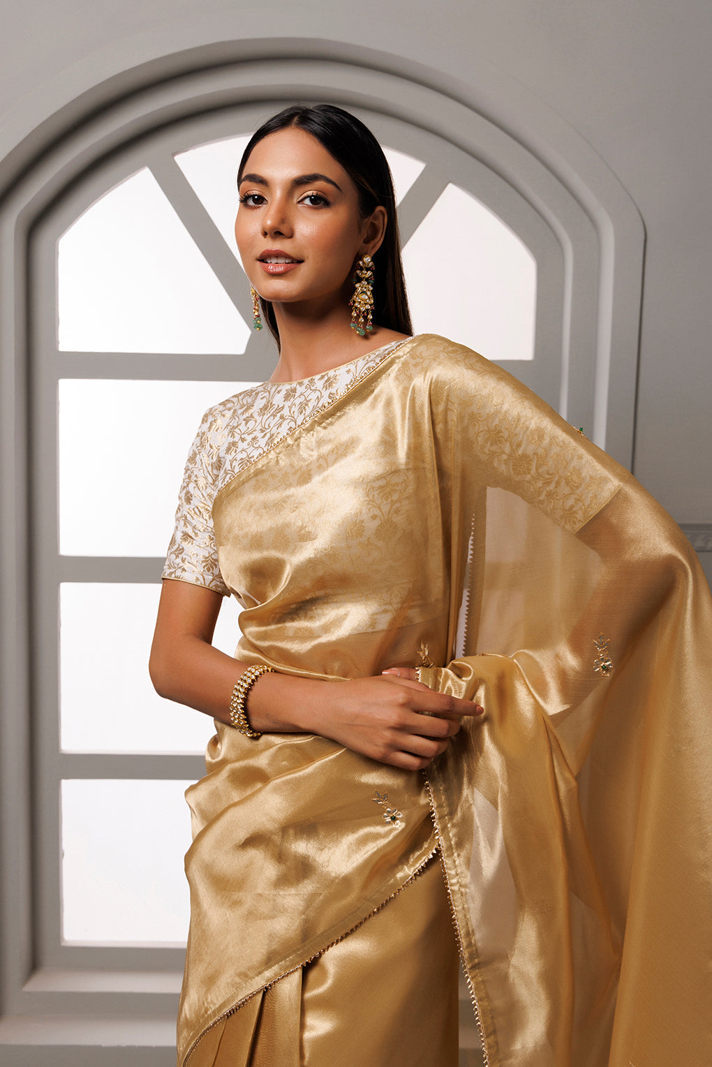 Beige Banarasi Tissue Handcrafted Gota Patti Saree