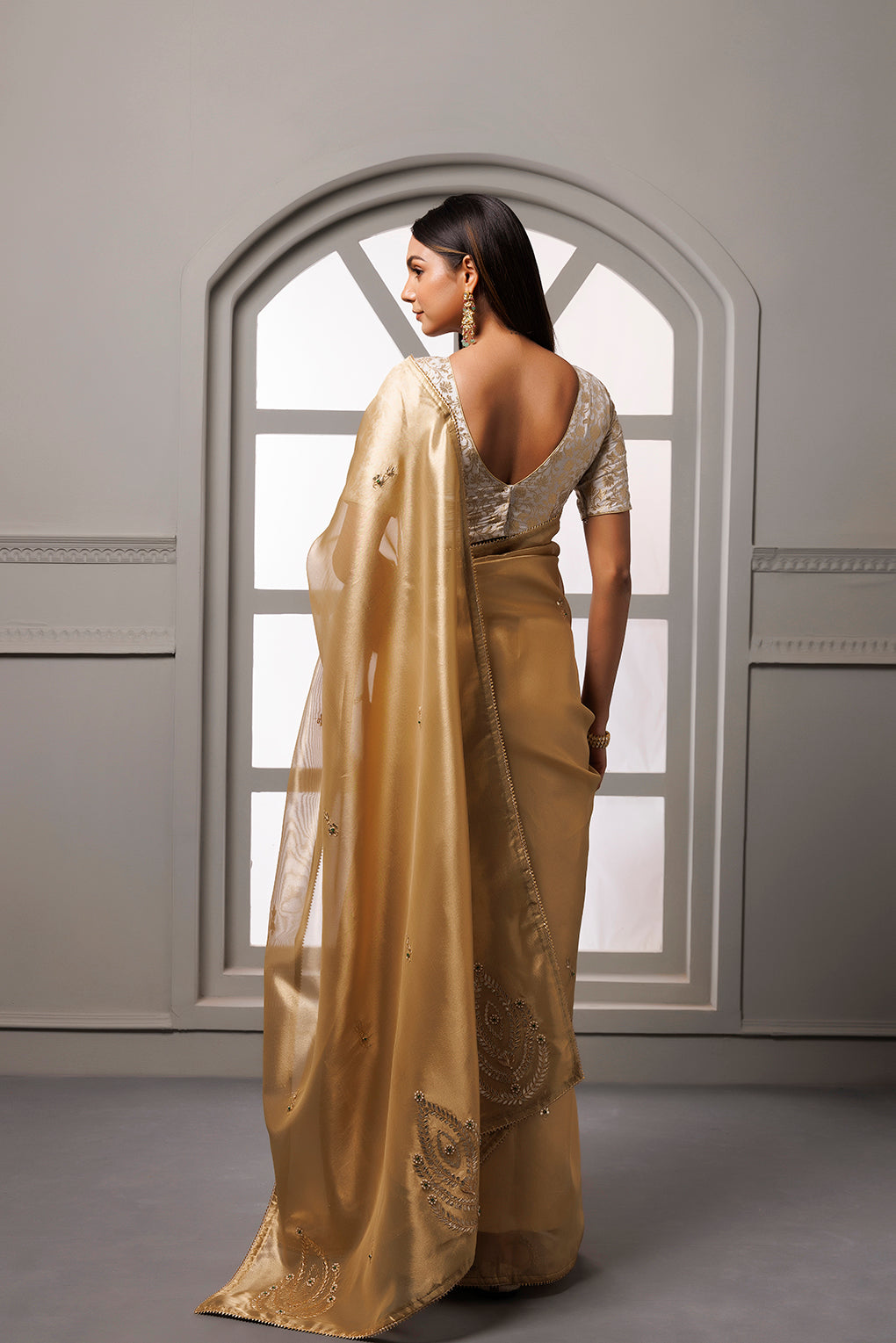 Beige Banarasi Tissue Handcrafted Gota Patti Saree
