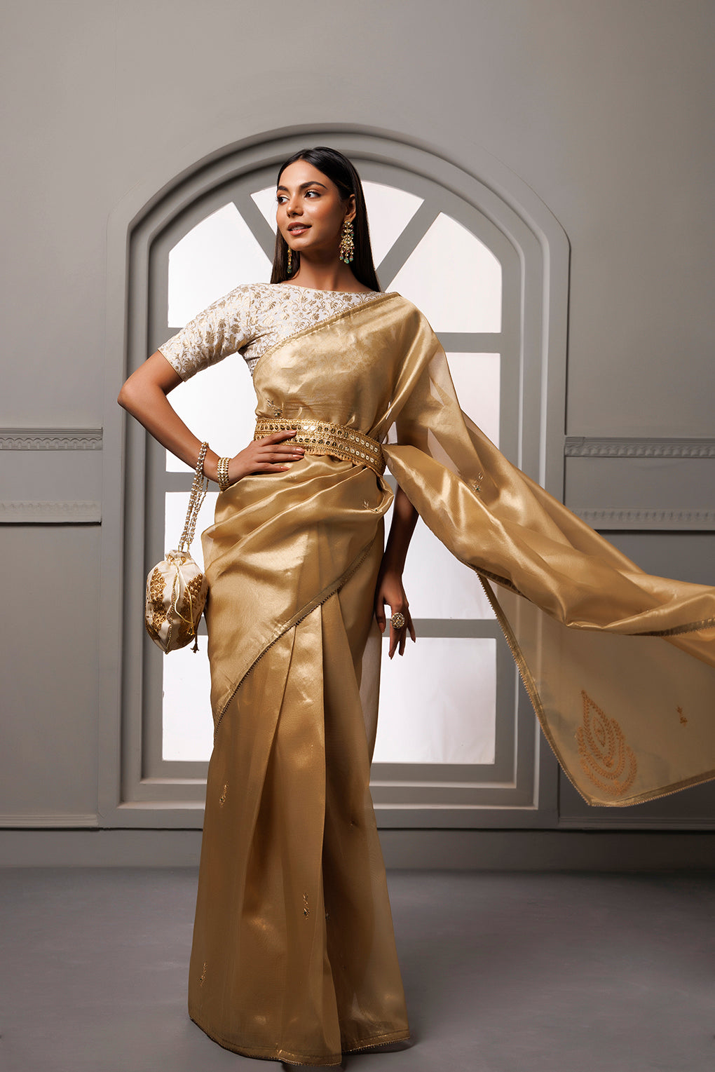 Beige Banarasi Tissue Handcrafted Gota Patti Saree