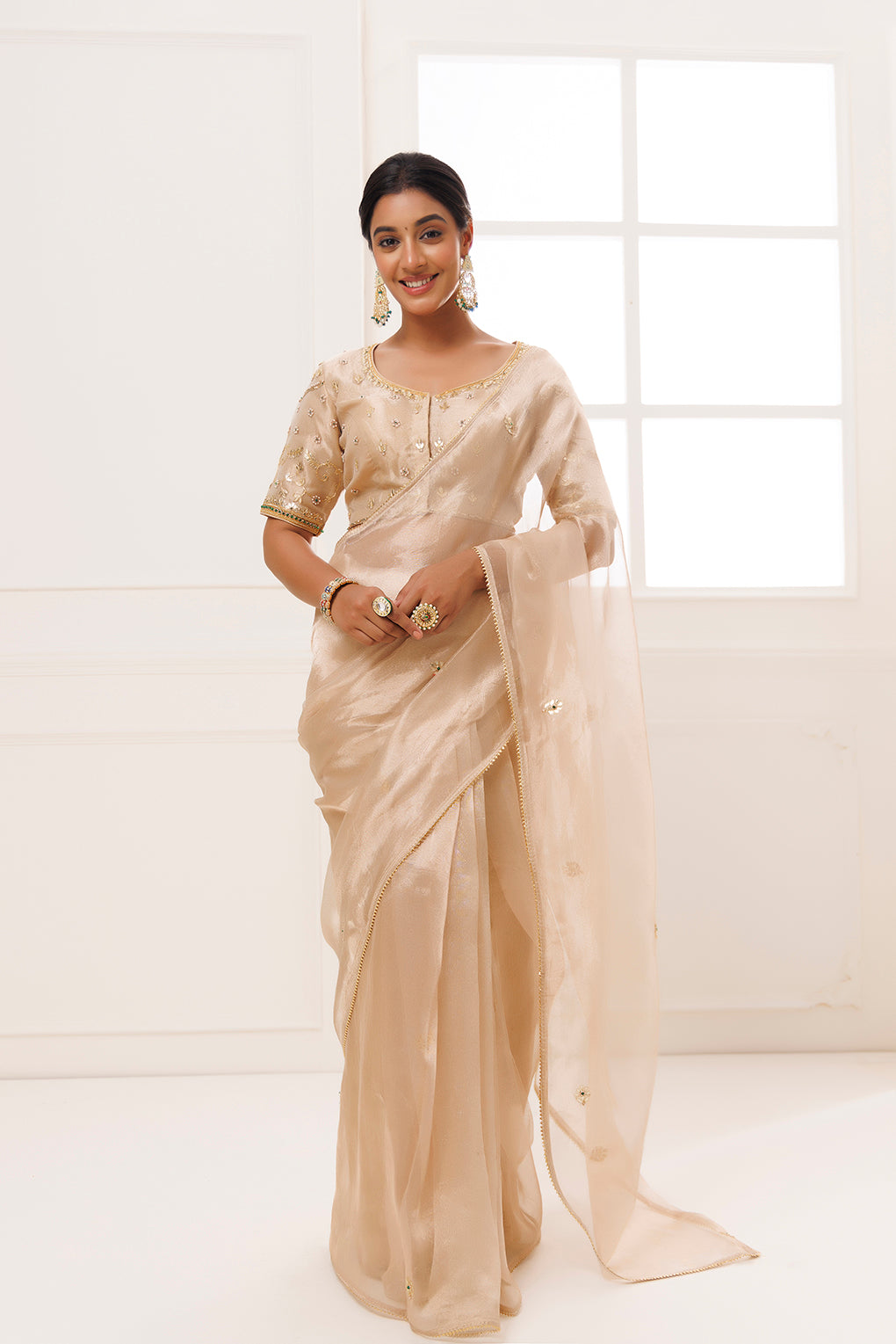 Golden Pure Tissue Handcrafted Gota Patti Saree