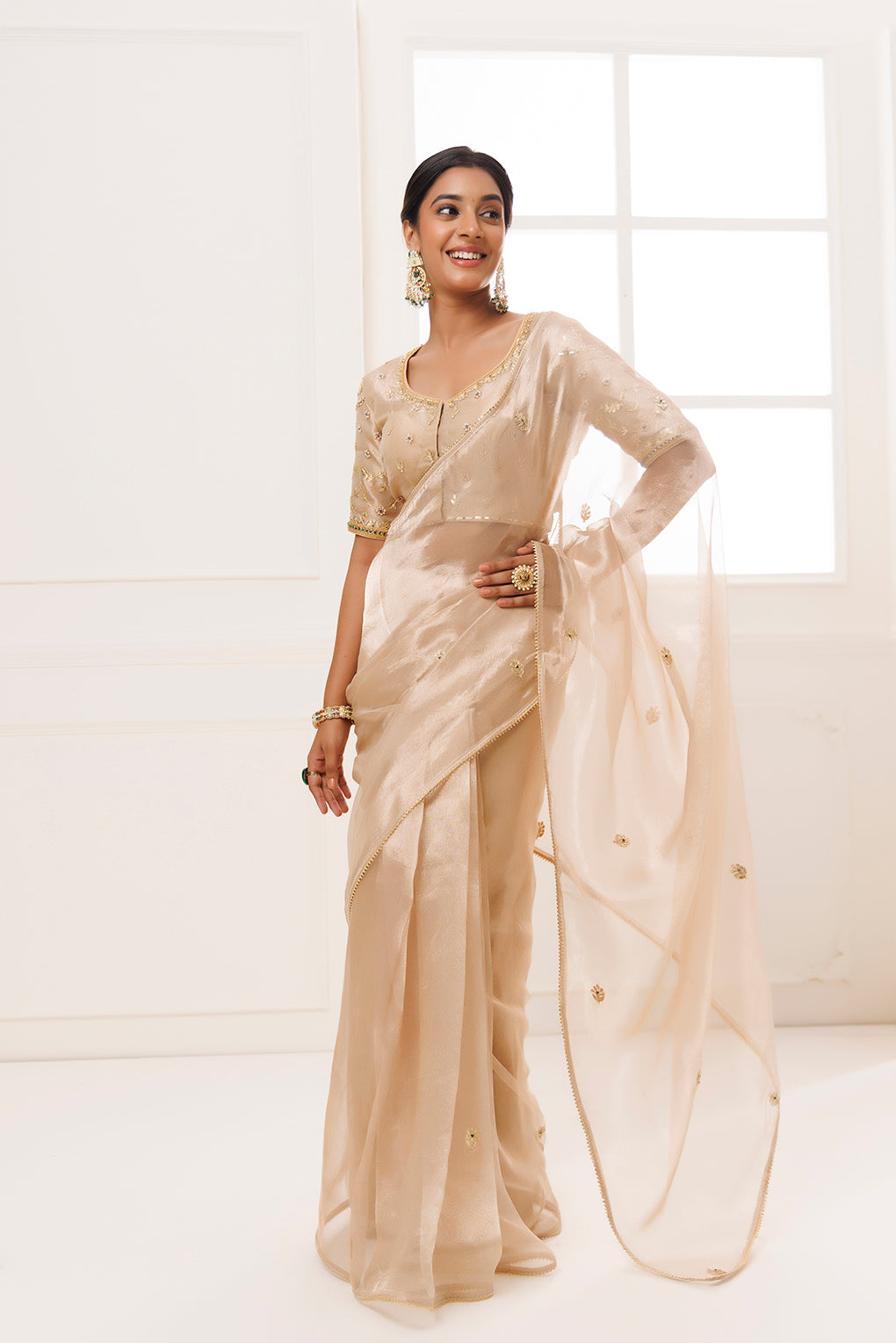 Golden Pure Tissue Handcrafted Gota Patti Saree