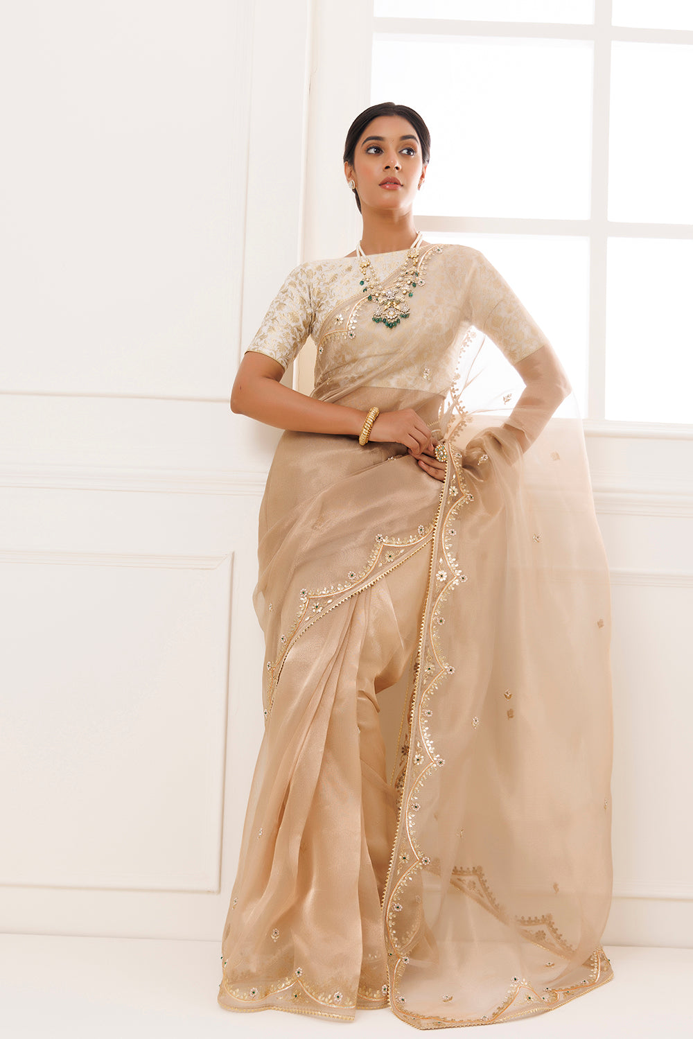 Golden Pure Tissue Handcrafted Gota Patti Saree