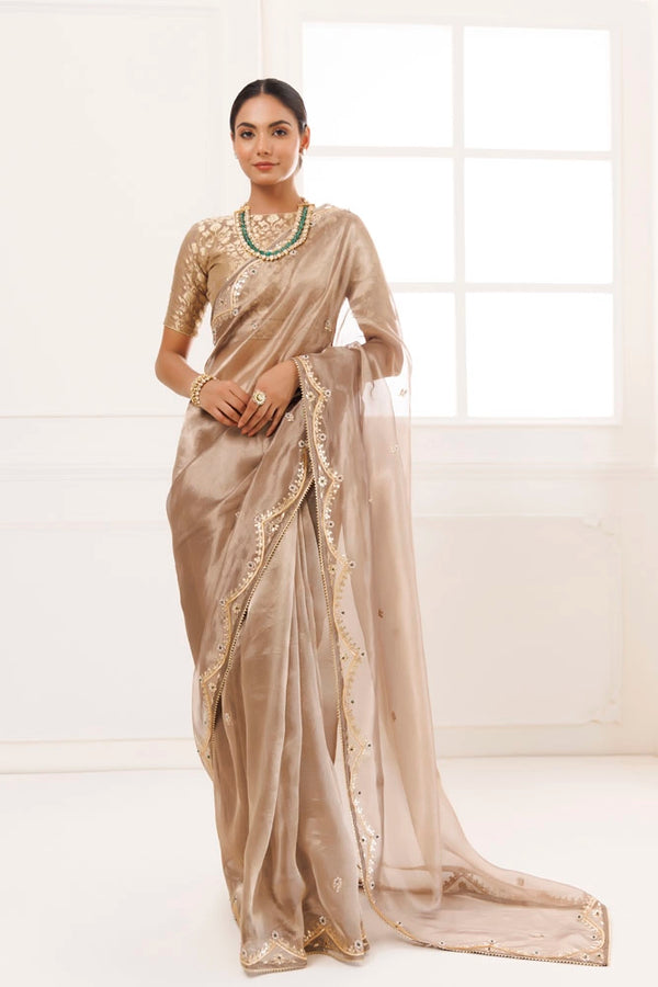 Metallic Golden Pure Tissue Handcrafted Gota Patti Saree