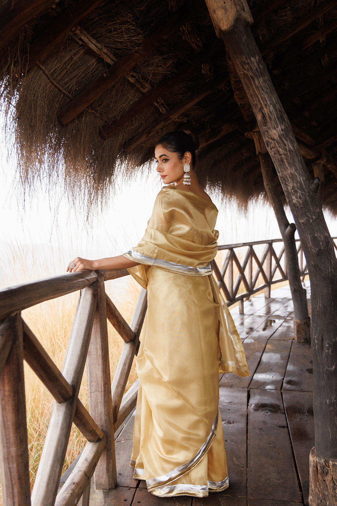 Beige Tissue Saree With Multi Gota Lace