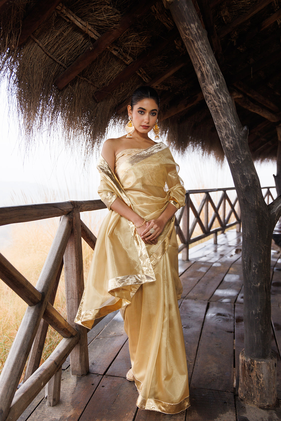 Beige Tissue Saree With Golden Gota Lace