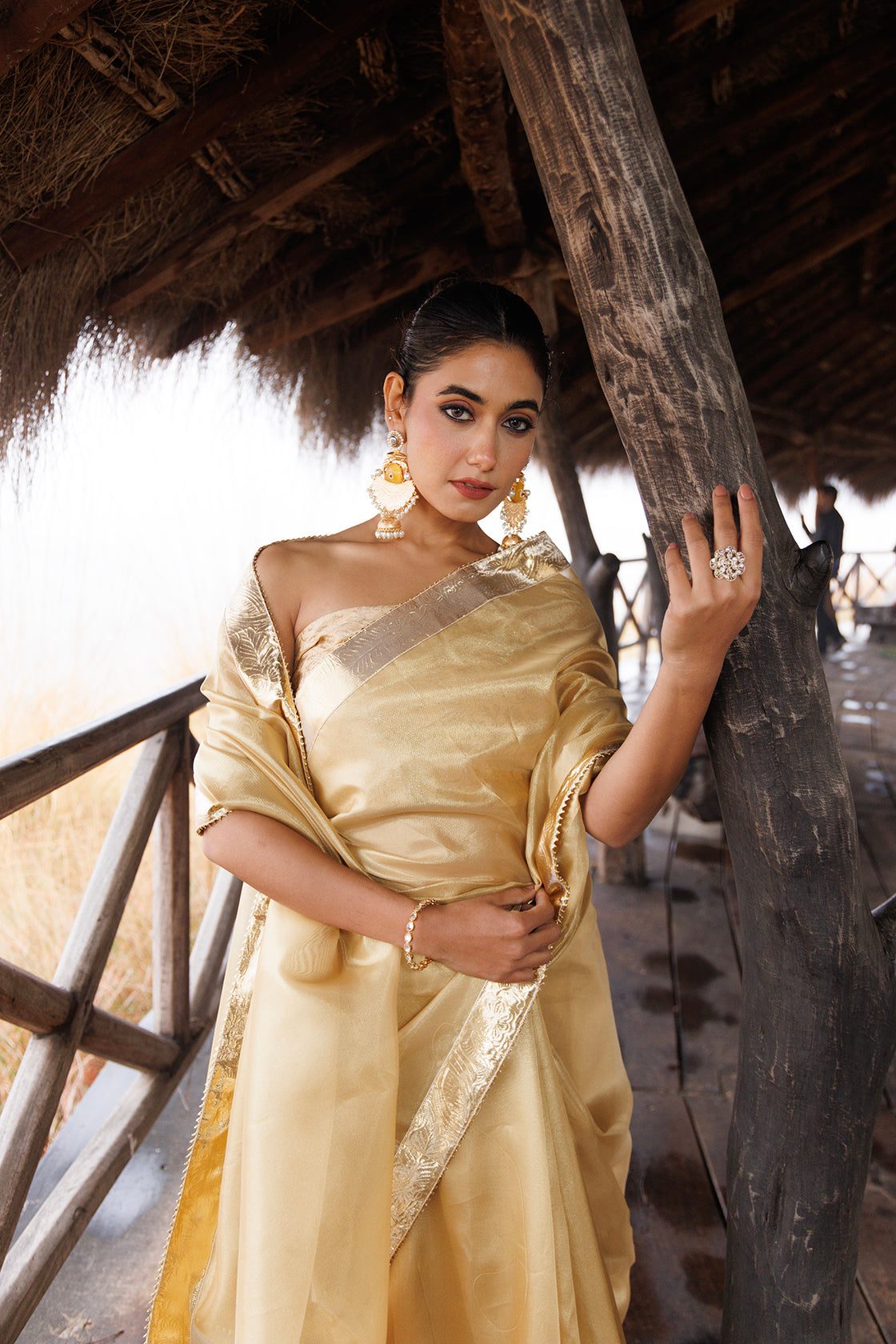 Beige Tissue Saree With Golden Gota Lace