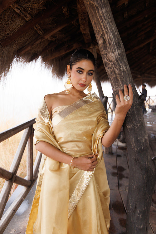 Beige Tissue Saree With Golden Gota Lace