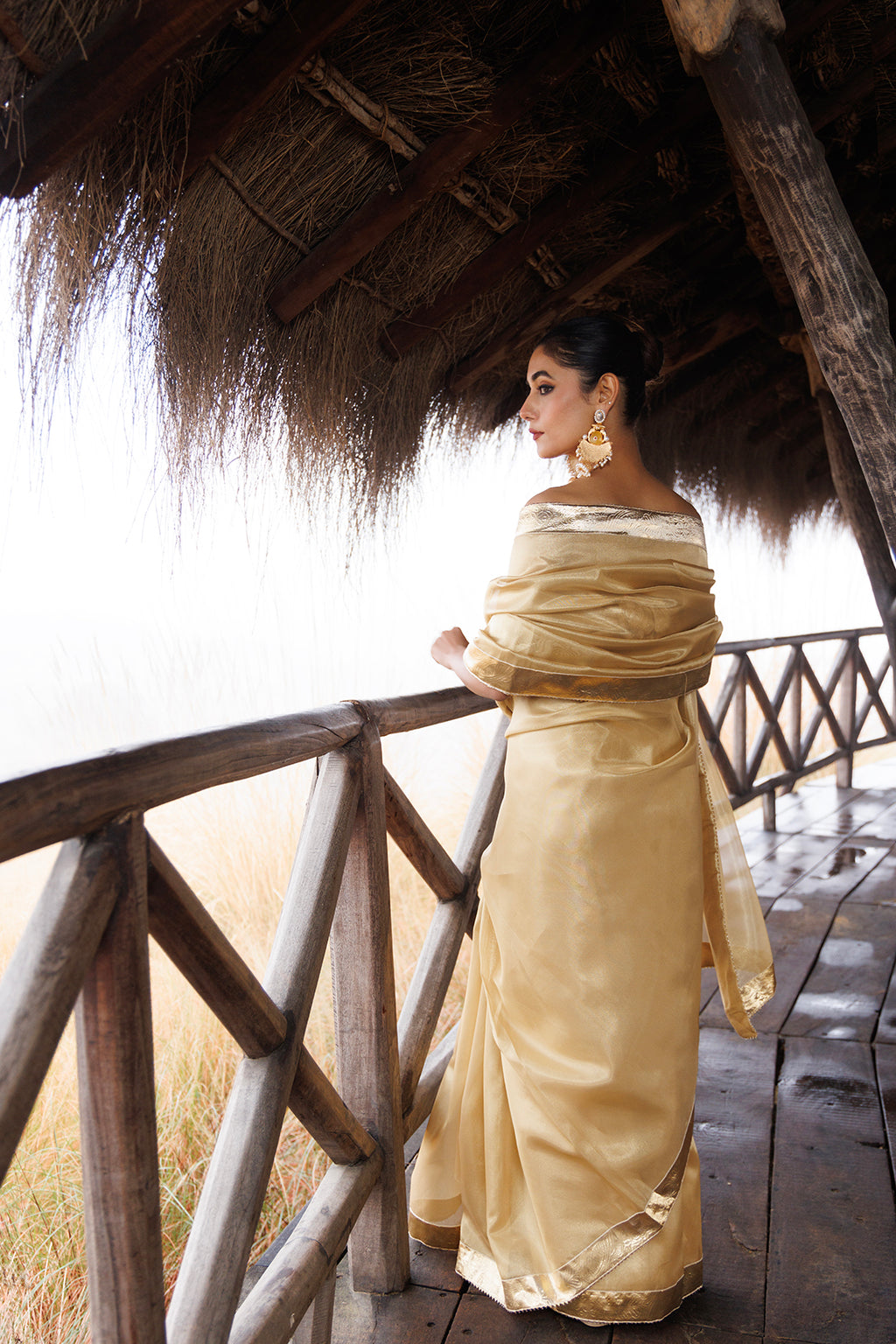 Beige Tissue Saree With Golden Gota Lace