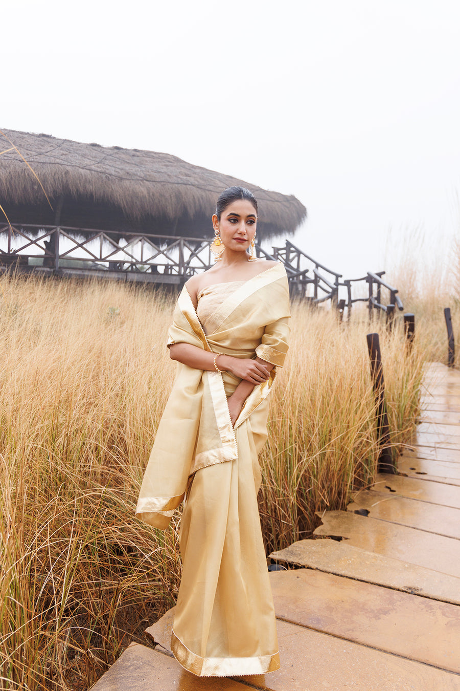 Beige Tissue Saree With Golden Gota Lace