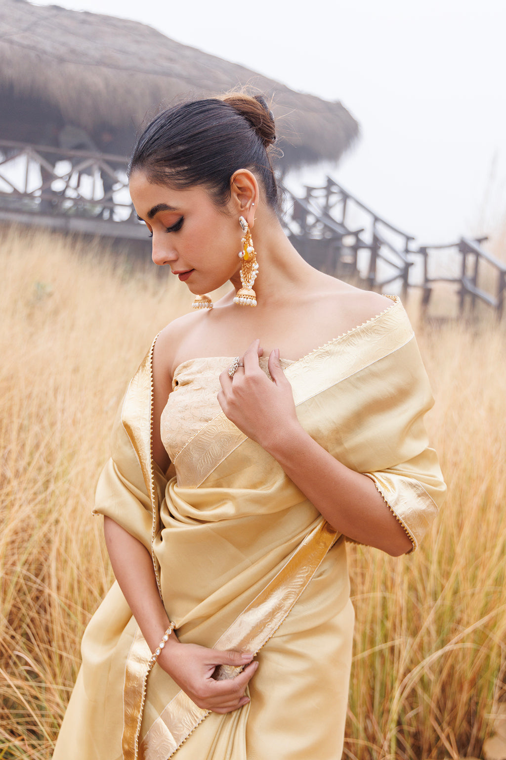 Beige Tissue Saree With Golden Gota Lace
