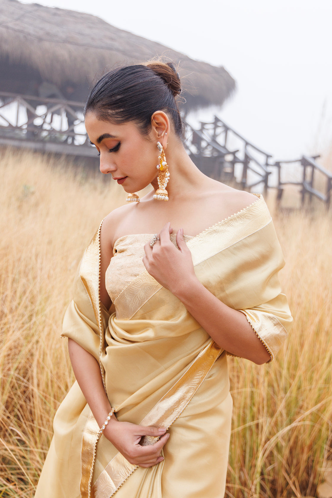 Beige Tissue Saree With Golden Gota Lace
