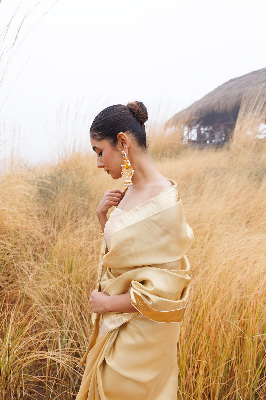 Beige Tissue Saree With Golden Gota Lace