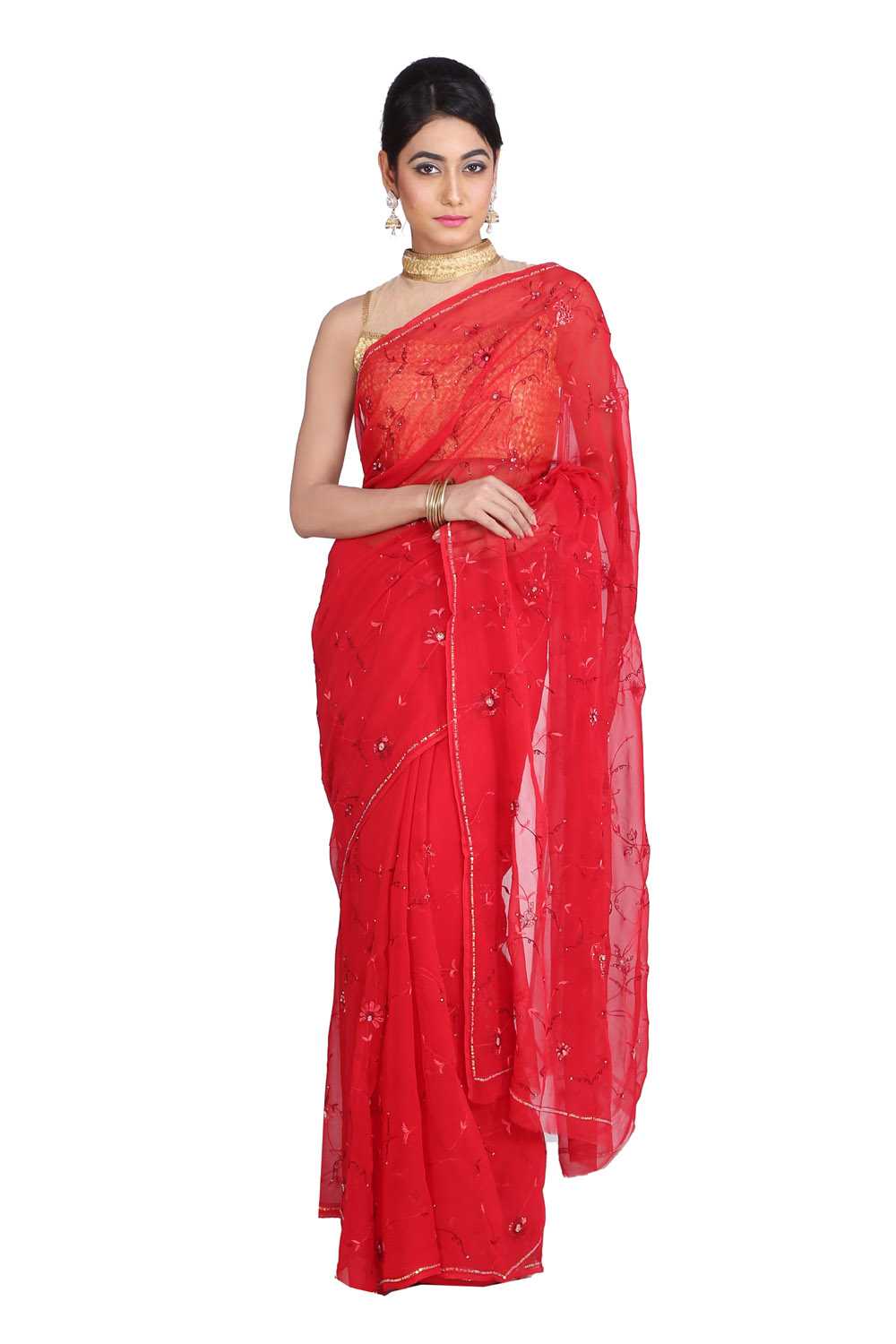 Red Hand Embroidered Chiffon Saree