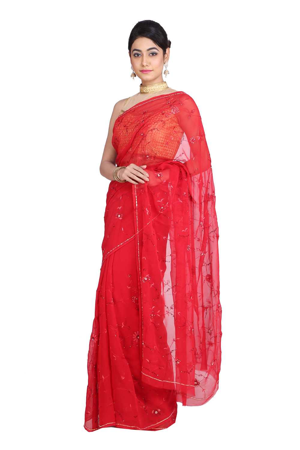 Red Hand Embroidered Chiffon Saree