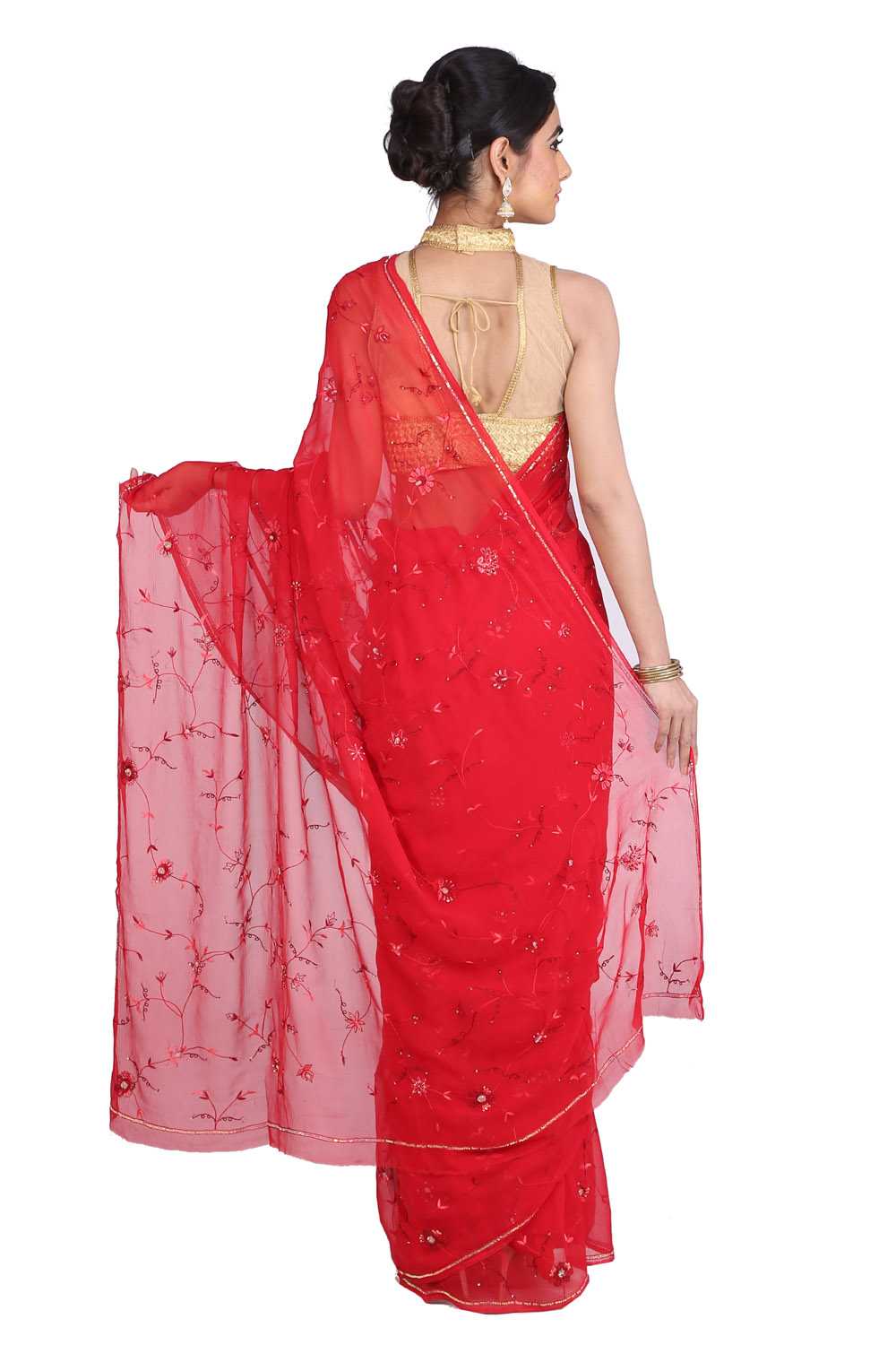Red Hand Embroidered Chiffon Saree