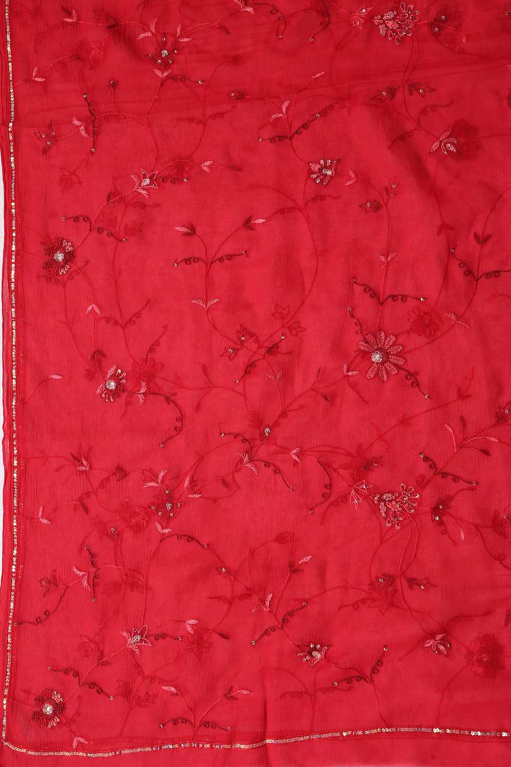 Red Hand Embroidered Chiffon Saree