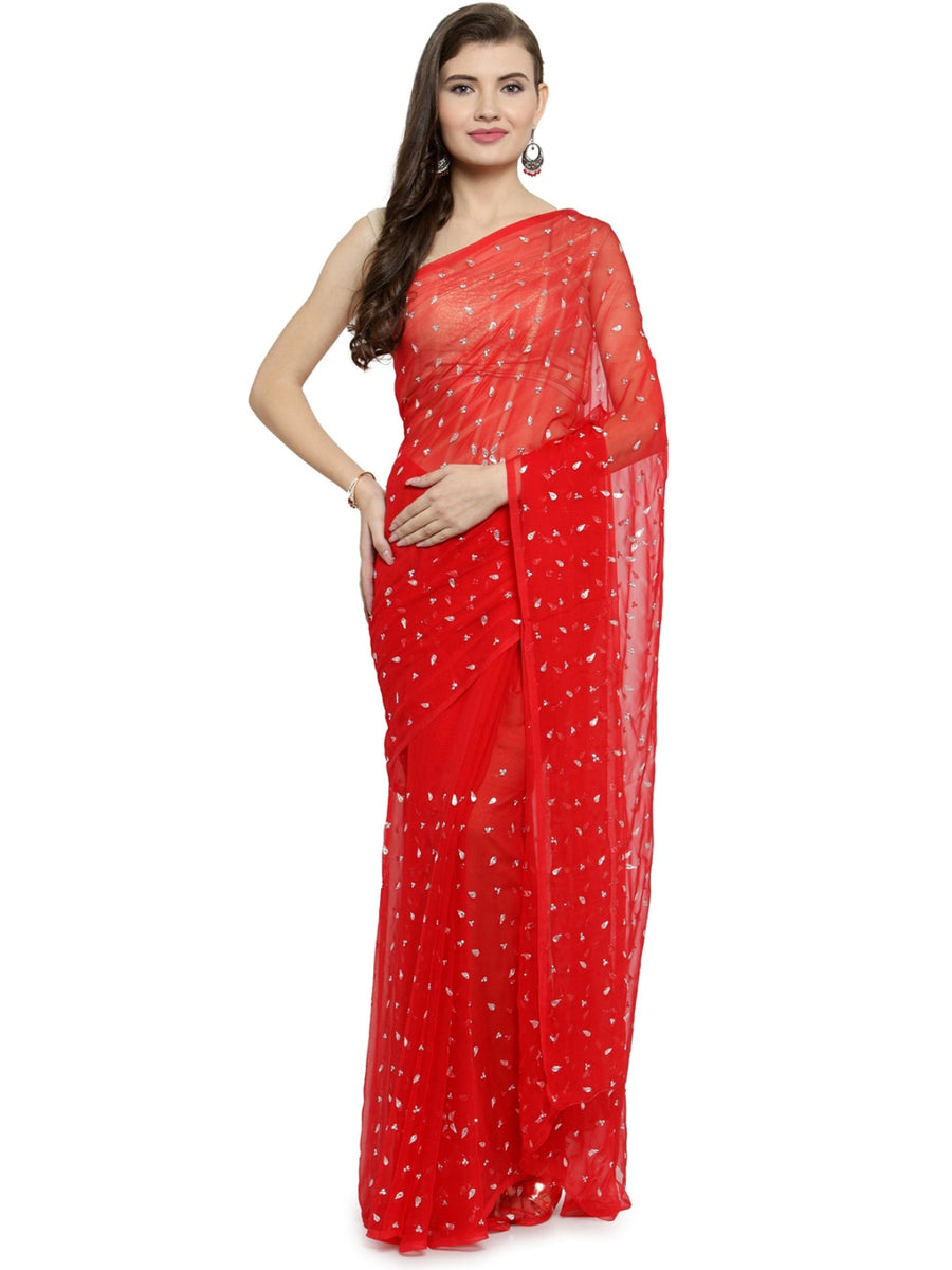 Red Hand Embroidered Sequines Work Chiffon Sustainable Saree