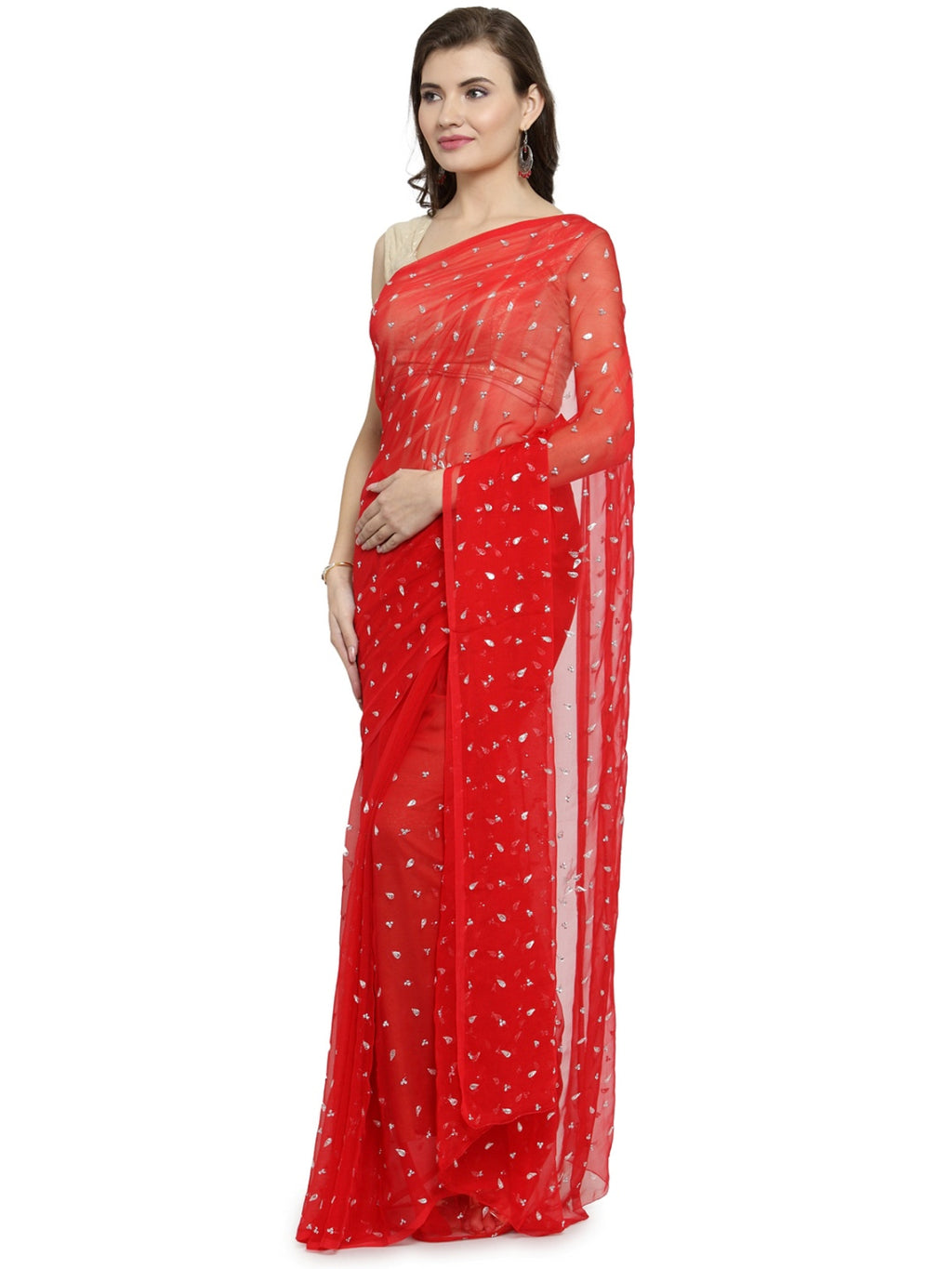 Hand Embroidered Red Sequines Work Chiffon Sustainable Saree