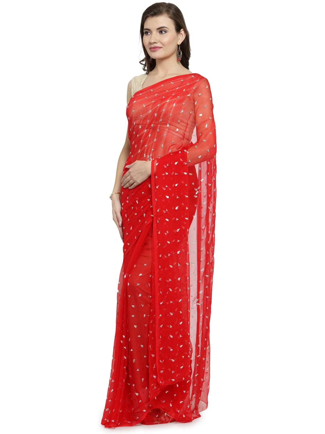 Hand Embroidered Red Sequines Work Chiffon Sustainable Saree