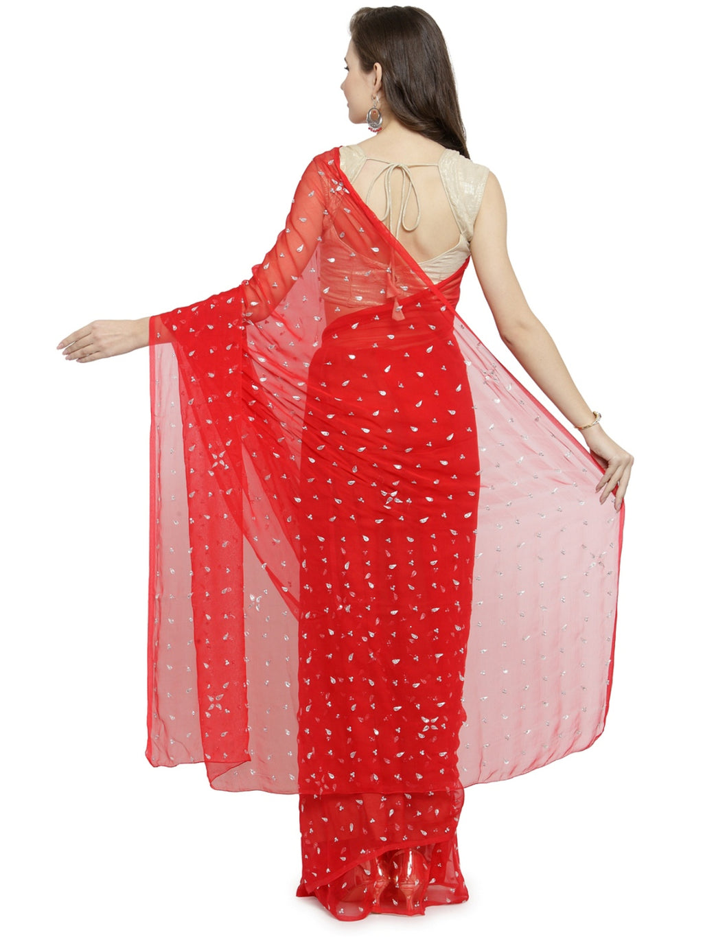Hand Embroidered Red Sequines Work Chiffon Sustainable Saree