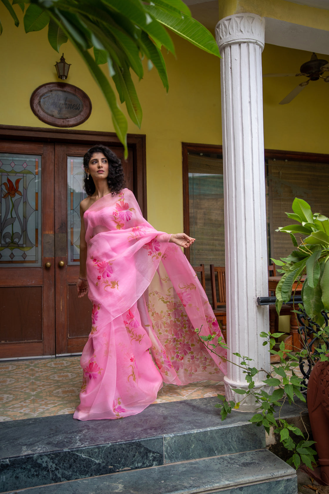 Pink Hand Painted Pure Floral Organza Saree