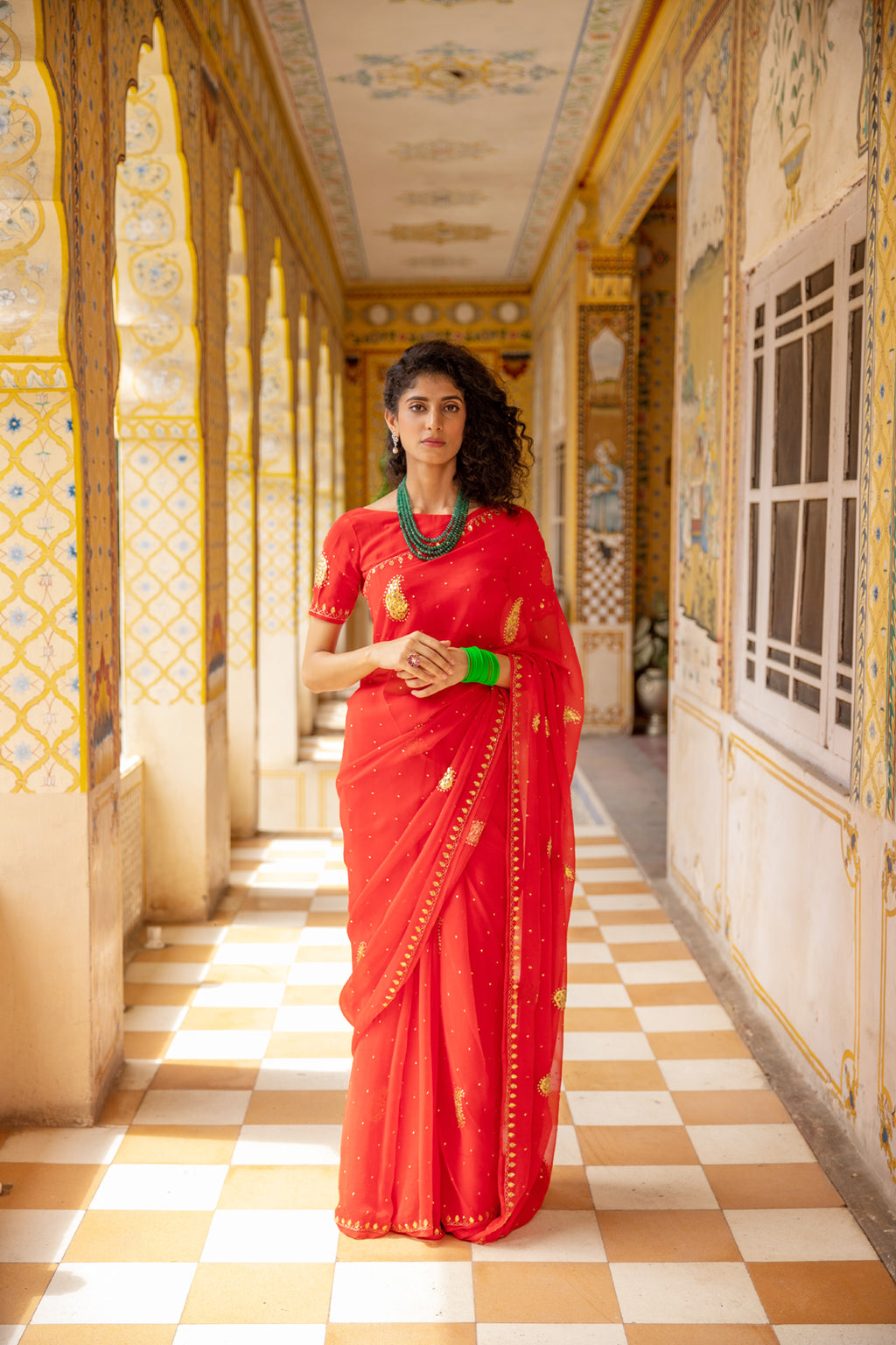 Red Handcrafted Gota Patti Diamond Chiffon Saree