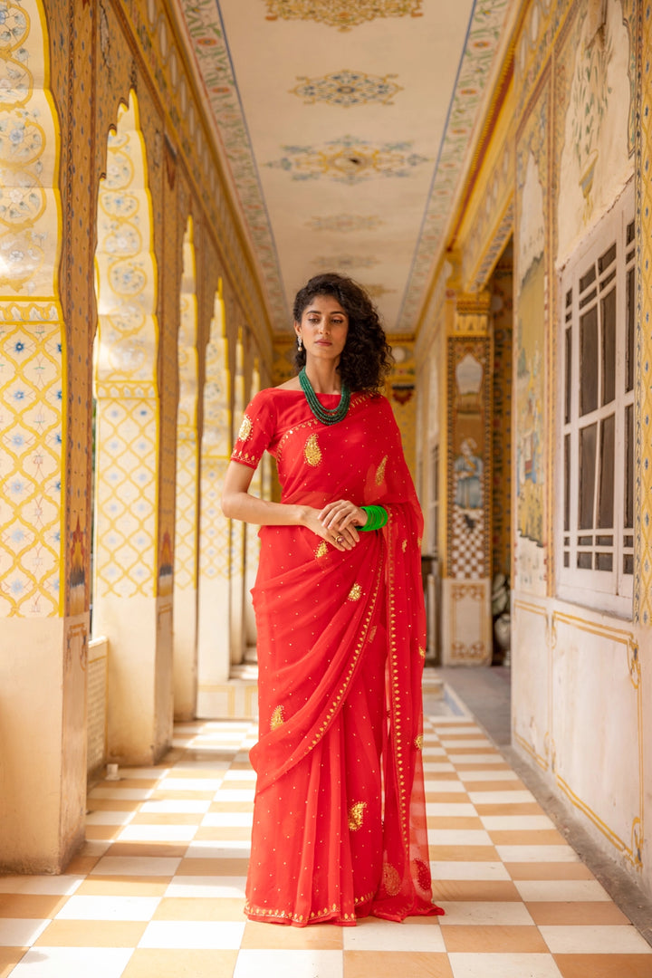 Red Handcrafted Gota Patti Chiffon Saree