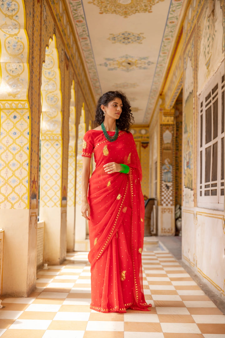 Red Handcrafted Gota Patti Chiffon Saree