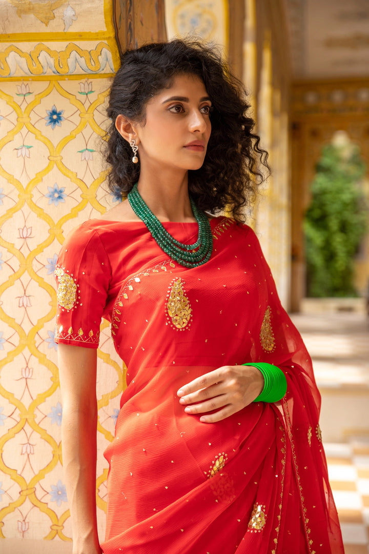 Red Handcrafted Gota Patti Chiffon Saree